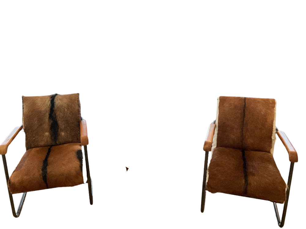 Hair-on-Hide Armchairs with Metal Frames and Wood Arms